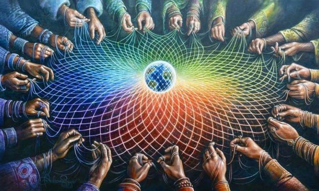 Diverse hands weaving a luminous net around the Earth